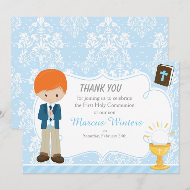 Red Hair Boy First Communion Damask Tack Kort (Fram/baksida)