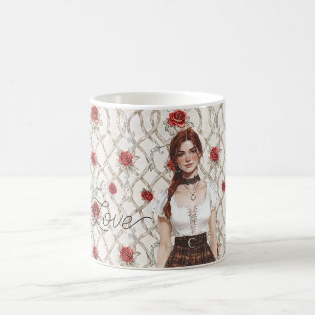 Red Hair Female Roses Faux Wood Floral Love Kaffemugg (Center)