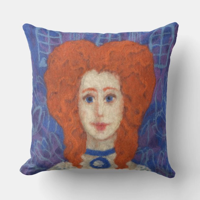 Red Hair, ginger girl rococo fiber art blue orange Kudde (Framsida)