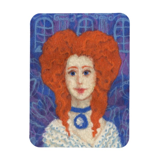 Red Hair, ginger girl rococo fiber art blue orange Magnet (Vertikal)