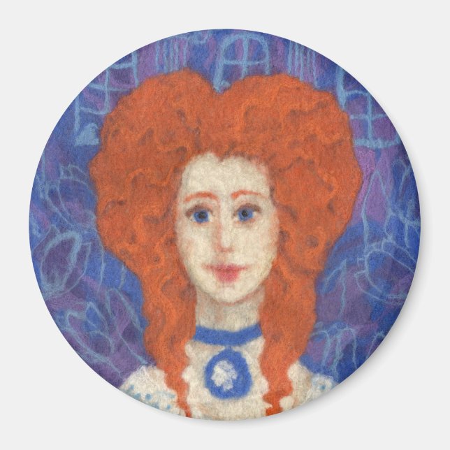 Red Hair, ginger girl rococo fiber art blue orange Magnet (Framsidan)
