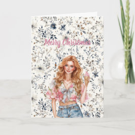 Red Hair Girl Blue Floral Christmas Kort