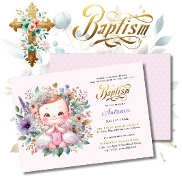 Red Hair Girl's BAPTISM Lila Guld Blommigt Kor Inbjudningar