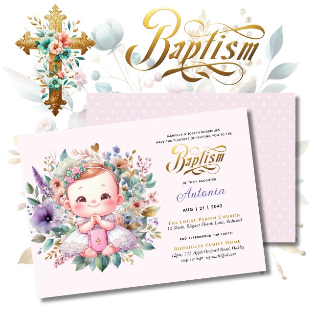 Red Hair Girl's BAPTISM Lila Guld Blommigt Kor Inbjudningar (Skapare uppladdad)