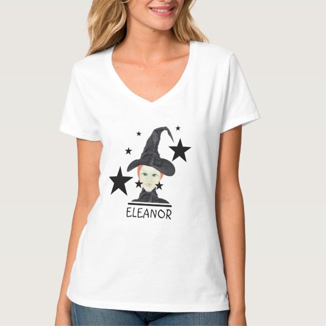 Red Hair Grönt-eyed Witch med Black Stars T Shirt (Framsida)