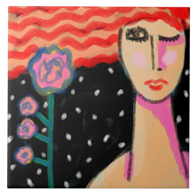 Red Hair Pink Roses Abstract Art Kakelplatta (Framsidan)