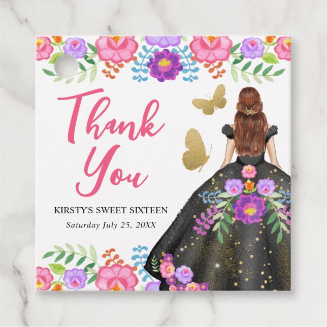 Red Hair Princess Mexican Blommigt Dress Sweet 16 Gåvor Etiketter (Framsida)