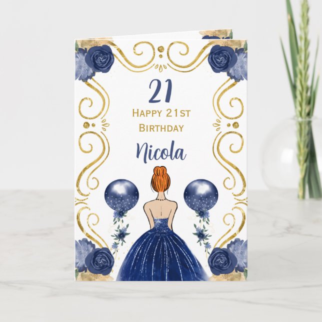 Red Hair Princess Navy Grattis på födelsedagen Kort (Framsida)