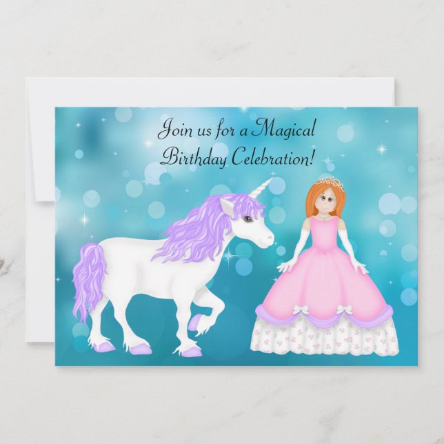 Red Hair Princess och Unicorn Birthday Investigati Inbjudningar (Framsida)