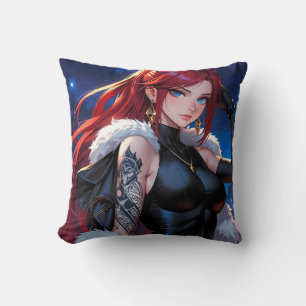 Red Hair Tatto Anime Girl Kudde