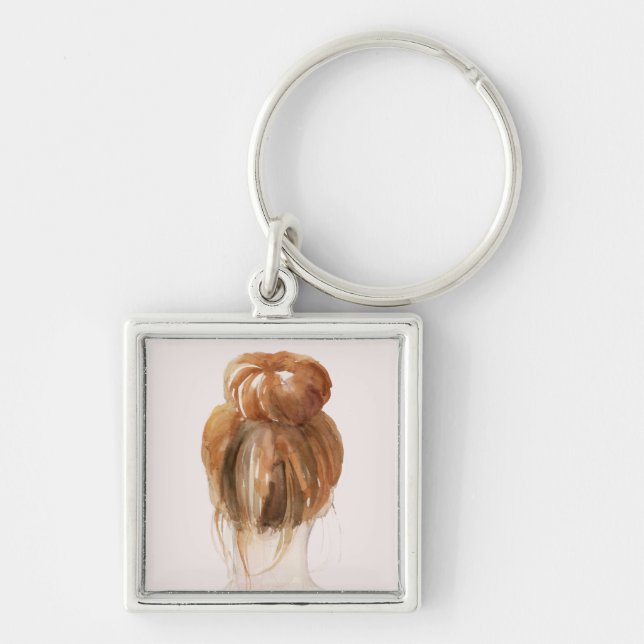 Red Hair Top Knot Bun Fyrkantig Silverfärgad Nyckelring (Framsidan)