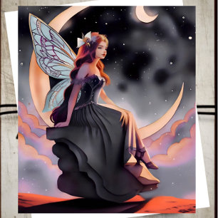 Red Hair Watercolor Måne Fairy Card Kort