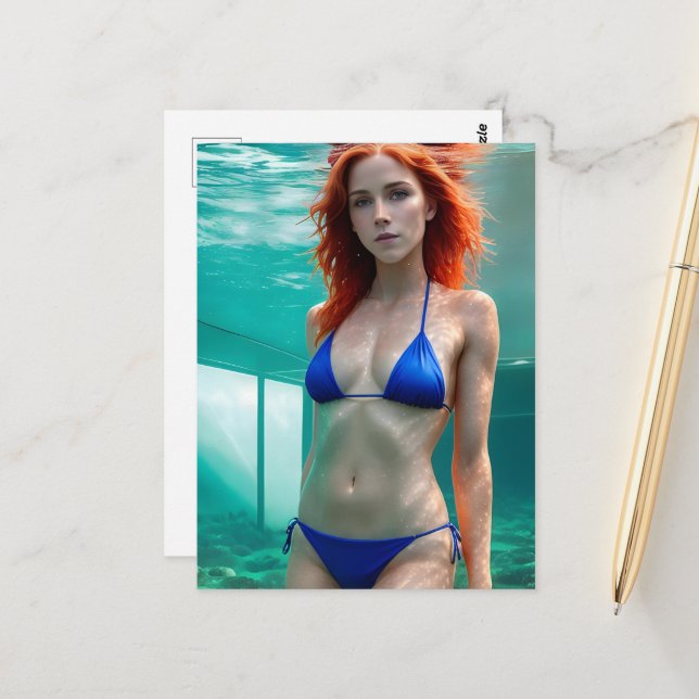 Red Hair Woman i Blue Bikini Vykort (Fram/Back In Situ)