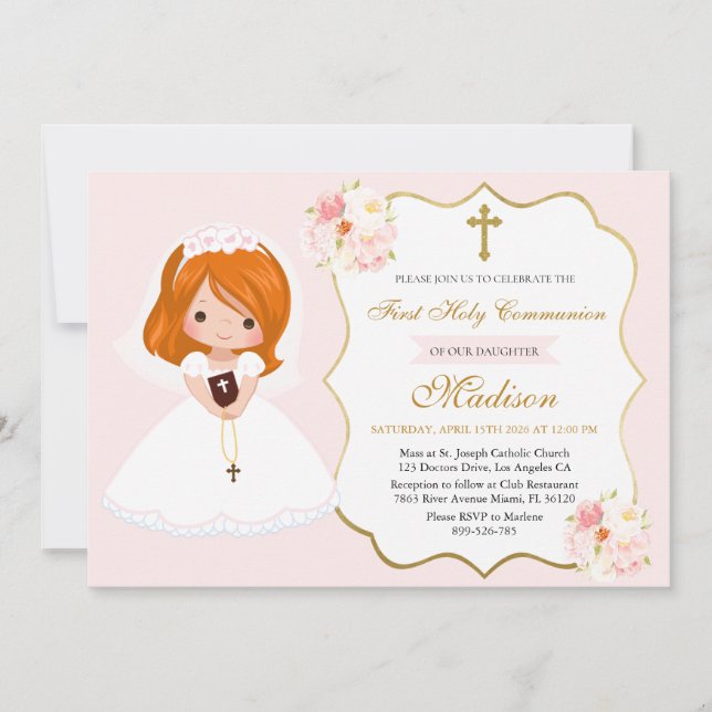 Red haired Girl First Holy Communion Invitation Inbjudningar (Framsida)
