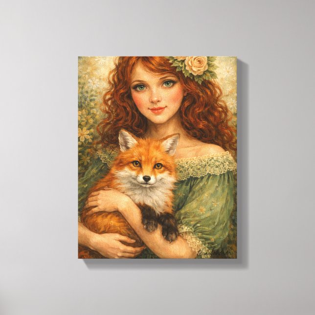 Red-Haired Girl Holding a Fox Woodland Fantasy Canvastryck (Framsida)