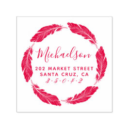 Red Hand-draw Feather Family Namn Returadress Självfärgande Stämpel