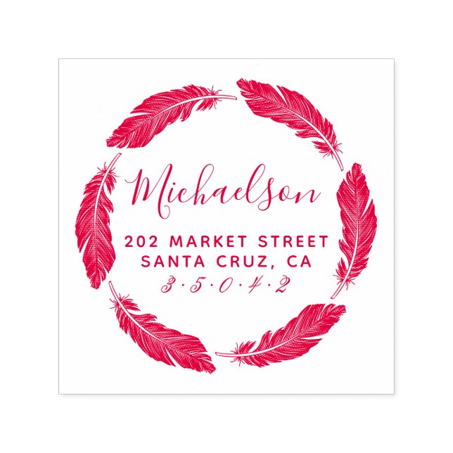 Red Hand-draw Feather Family Namn Returadress Självfärgande Stämpel (Design)