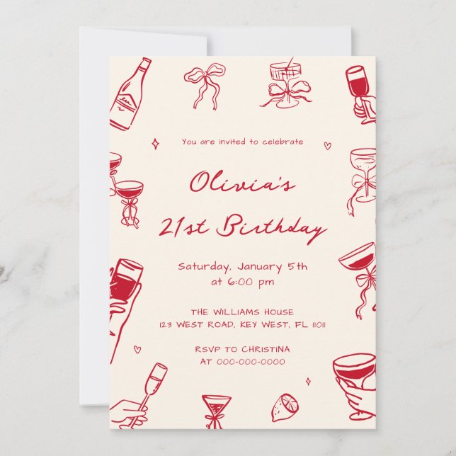 Red Hand Drawn Adult Birthday Party Inbjudningar (Framsida)