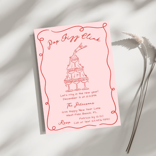 Red Hand Drawn Champagne Tower New Years Eve Party Inbjudningar (Skapare uppladdad)