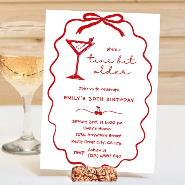 Red Hand Drawn Cherry Martini Birthday Invitation Inbjudningar (Hand Drawn Cherry Martini Birthday Invitation)