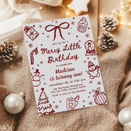 Red Hand Drawn Christmas Merry Little Birthday Inbjudningar