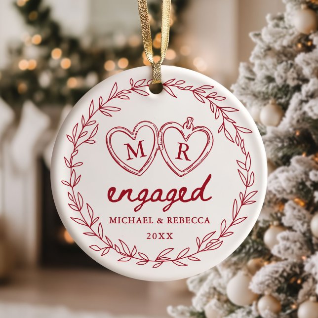 Red Hand Drawn Engaged Christmas Julgransprydnad Keramik (Skapare uppladdad)