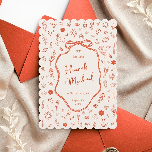 Red Hand Drawn Flowers Handwritten Spring Wedding Spara Datumet (Skapare uppladdad)
