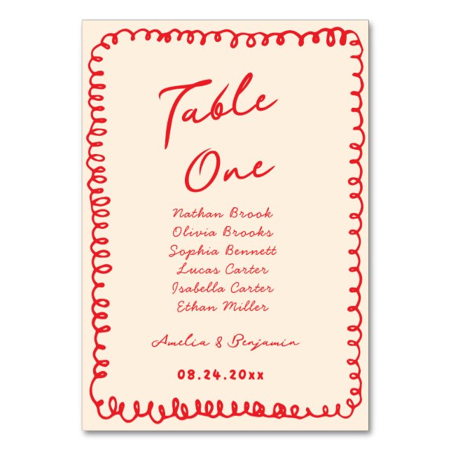 red hand drawn heart whimsical wedding bordsnummer (Framsidan)