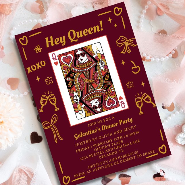 Red Hand Drawn Queen Of Hearts Galentine's Party Inbjudningar (Skapare uppladdad)