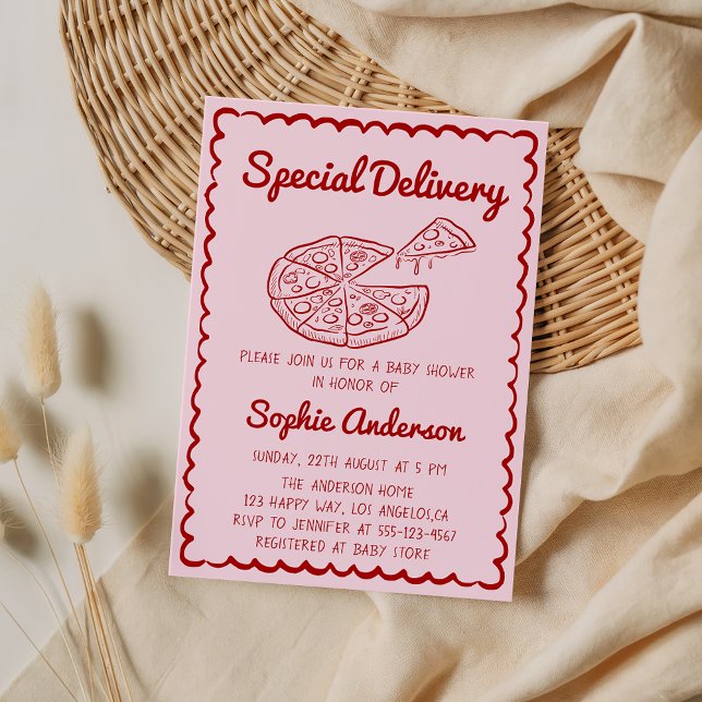 Red Hand Drawn Special Delivery Pizza Baby Shower Inbjudningar (Skapare uppladdad)