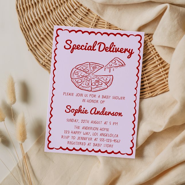 Red Hand Drawn Special Delivery Pizza Baby Shower Inbjudningar (Skapare uppladdad)