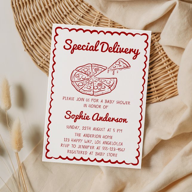 Red Hand Drawn Special Delivery Pizza Baby Shower Inbjudningar (Skapare uppladdad)