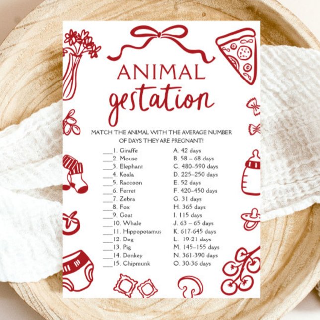 Red Hand plockade Animal Gestation Baby Shower Gam Inbjudningar (Red Hand Drawn Animal Gestation Baby Shower Game)