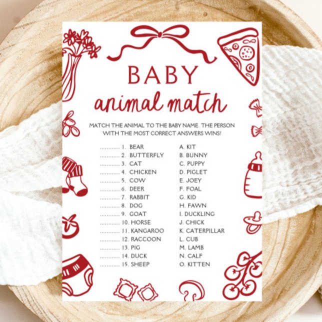 Red Hand plockade Baby djur Match Baby Shower Game Inbjudningar (Red Hand Drawn Baby Animal Match Baby Shower Game)