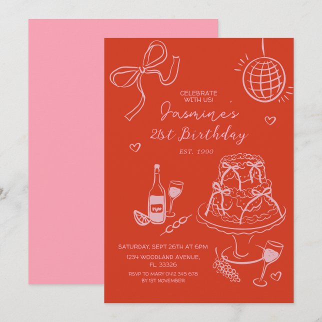 Red Hand plockade Cute Rosa Birthday Inbjudningar (Fram/baksida)