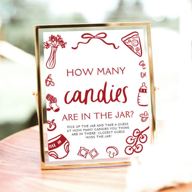 Red Hand plockade gissar hur många kanariska babys Poster (Red Hand Drawn Guess How Many Candies Baby Shower Sign)