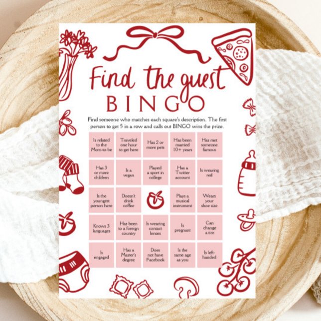 Red Hand plockade Hitta gästen Bingo Baby Shower Inbjudningar (Red Hand Drawn Find the Guest Bingo Baby Shower Game)