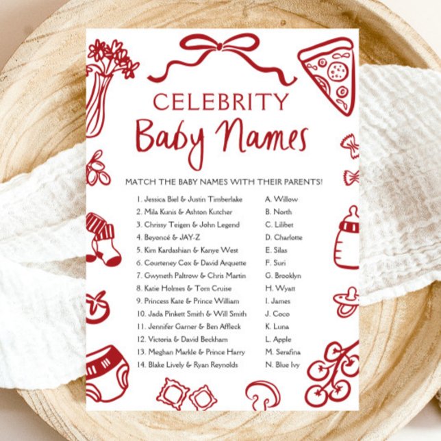 Red Hand plockade Italienska firandet Baby Namn Ga Inbjudningar (Red Hand Drawn Italian Celebrity Baby Name Game)