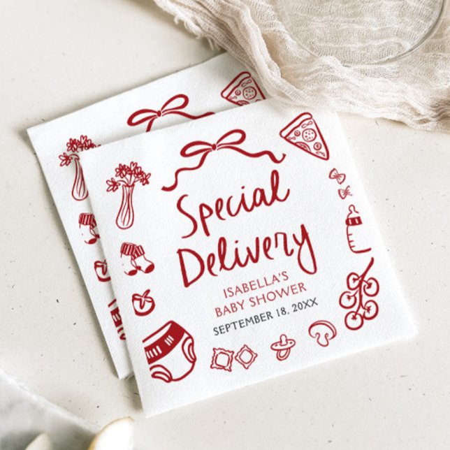 Red Hand plockade Pizza Speciell Delivery Baby Sho Pappersservett (Red Hand Drawn Pizza Special Delivery Baby Shower Napkins)