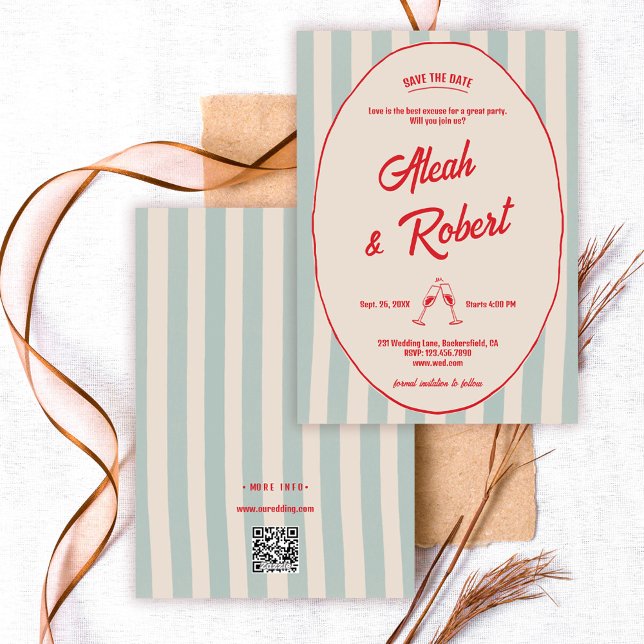 Red Handwriting Blue Stripes Retro Save the Date Inbjudningar (Skapare uppladdad)