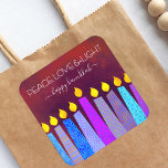 Red Hanukkah Peace Kärlek Light Blue Boho Candles Fyrkantigt Klistermärke<br><div class="desc">"Fred, kärlek och ljus." En lekfull, modern, konstgjord illustration av boho mönster-ljus hjälper dig att sätta dig in i Hanukkahs helgdag. Blåljus med färglöst faux foil mönster täcker över en rik, djup, nedbränd röd orange och texturerad bakgrund. Känn julhelgens värme och glädje när du användor den här häpnadsväckande, färgstarka personligen...</div>