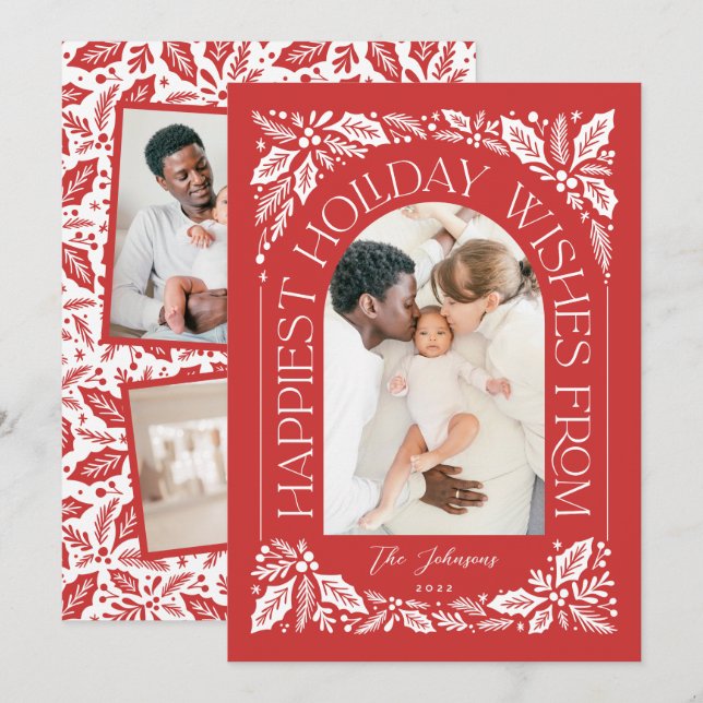 Red Happiest Önskemål Arch Berry 3 Photo Collage Julkort (Fram/baksida)