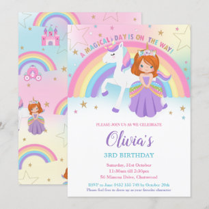 Red Har Princess Unicorn Birthday Rainbow Inbjudningar