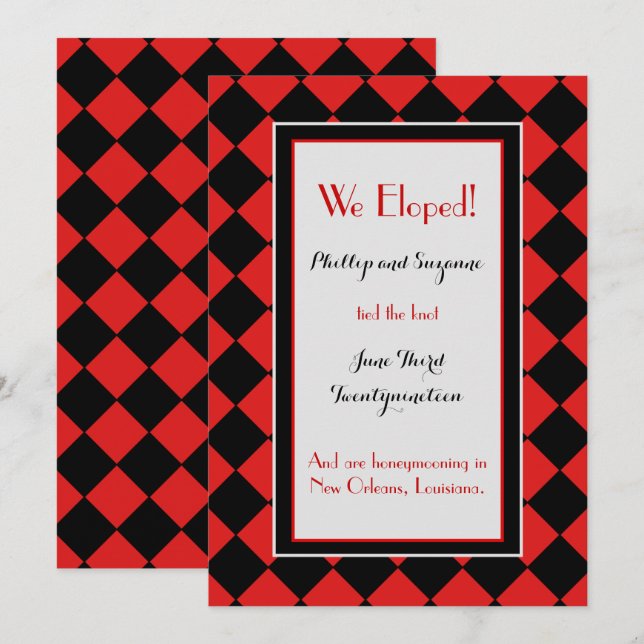 Red Harlequin Mönster Elopement Announement Inbjudningar (Fram/baksida)