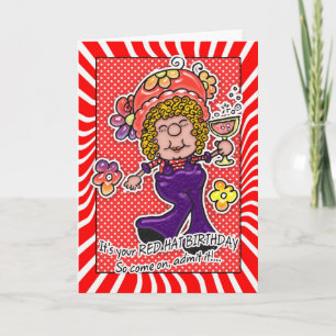 Red Hat Birthday Card - Roligt Dam med glas W Kort