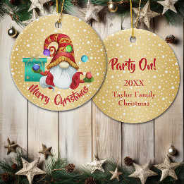 Red Hat Juggling Gnome Guld Star Background Julgransprydnad Keramik