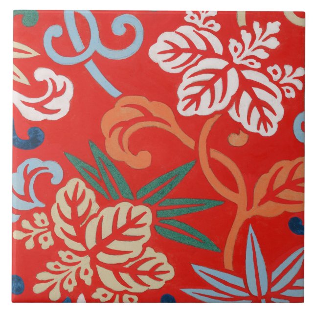 Red Hawaiian Japanska Kimono: Vintage Blommigt Kakelplatta (Framsidan)