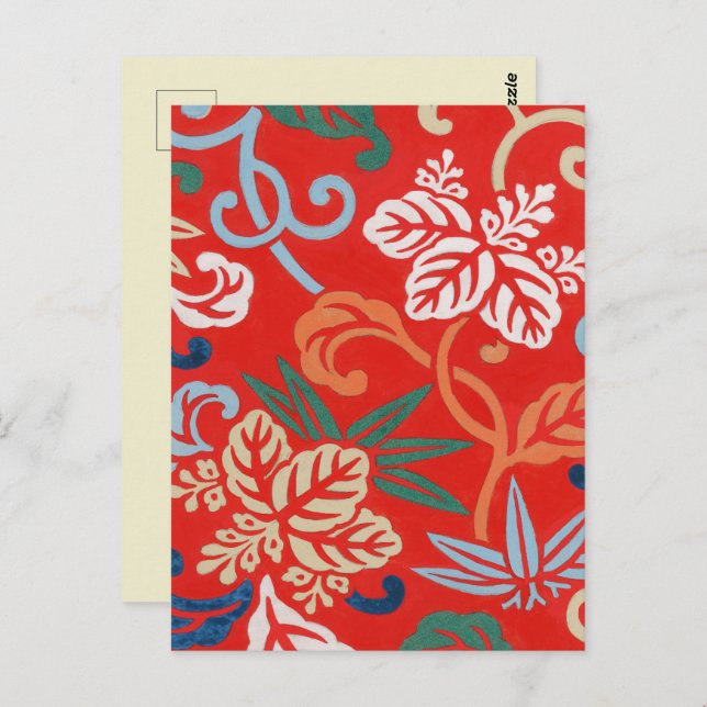 Red Hawaiian Japanska Kimono: Vintage Blommigt Vykort (Fram/baksida)