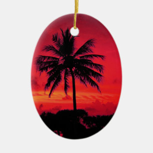 Red Hawaiian Sunset Exotic Handflatan Träd Julgransprydnad Keramik