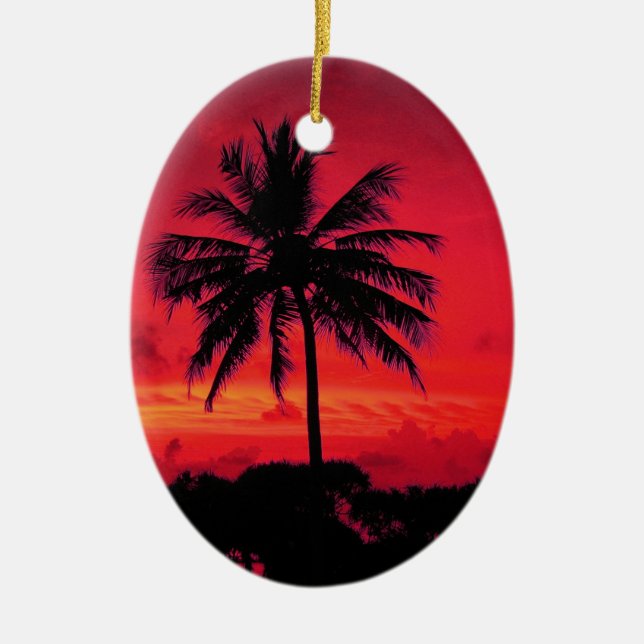 Red Hawaiian Sunset Exotic Handflatan Träd Julgransprydnad Keramik (Framsidan)